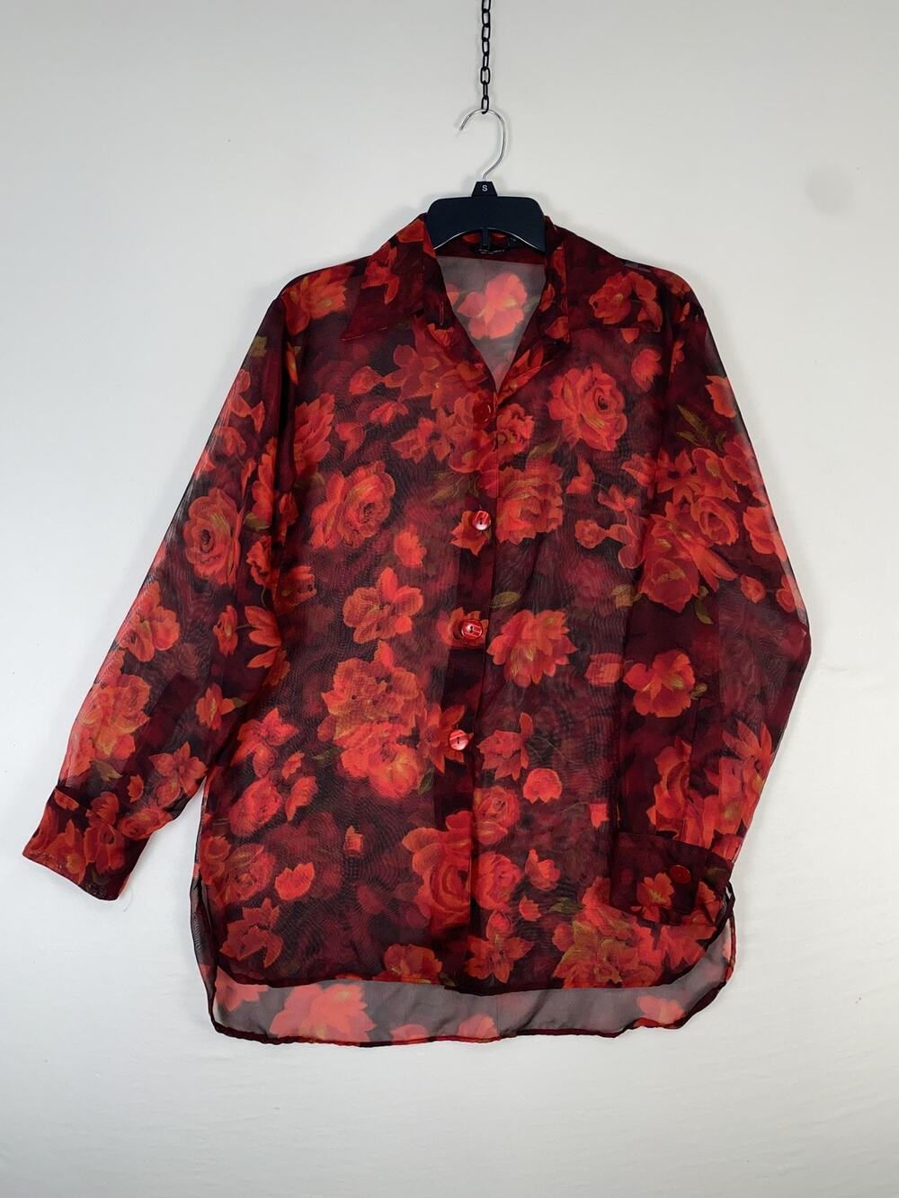 Fleurs By Elegant Additions Blouse Womens Large Red Floral Sheer Button Top